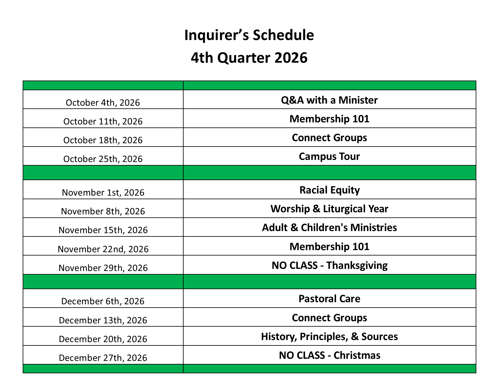 4th Quarter Schedule 2026